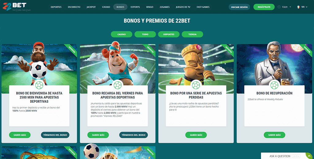 Página de promociones de 22bet