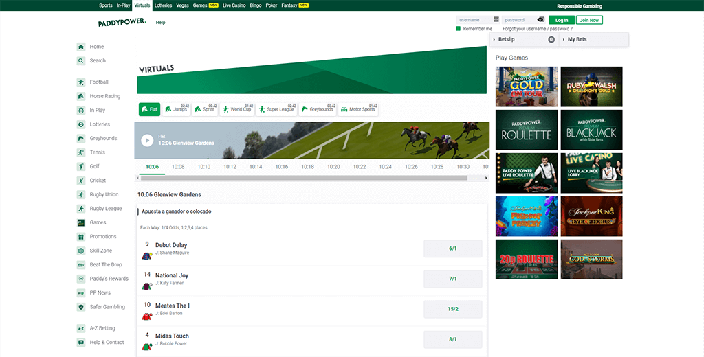 PaddyPower deportes virtuales